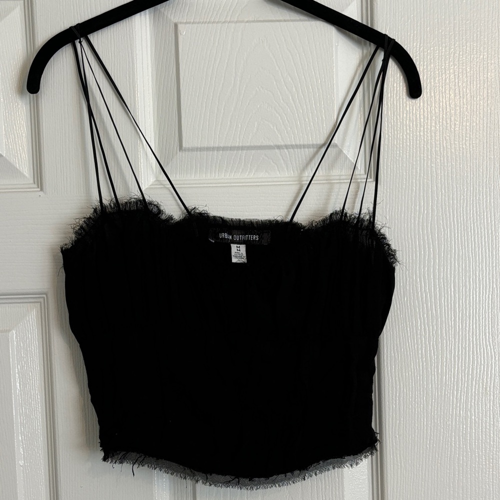 Urban Outfitters Black Fringe -Trim Spaghetti Strap Crop Top